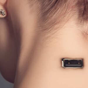 Usb connection on the back of a persons neck